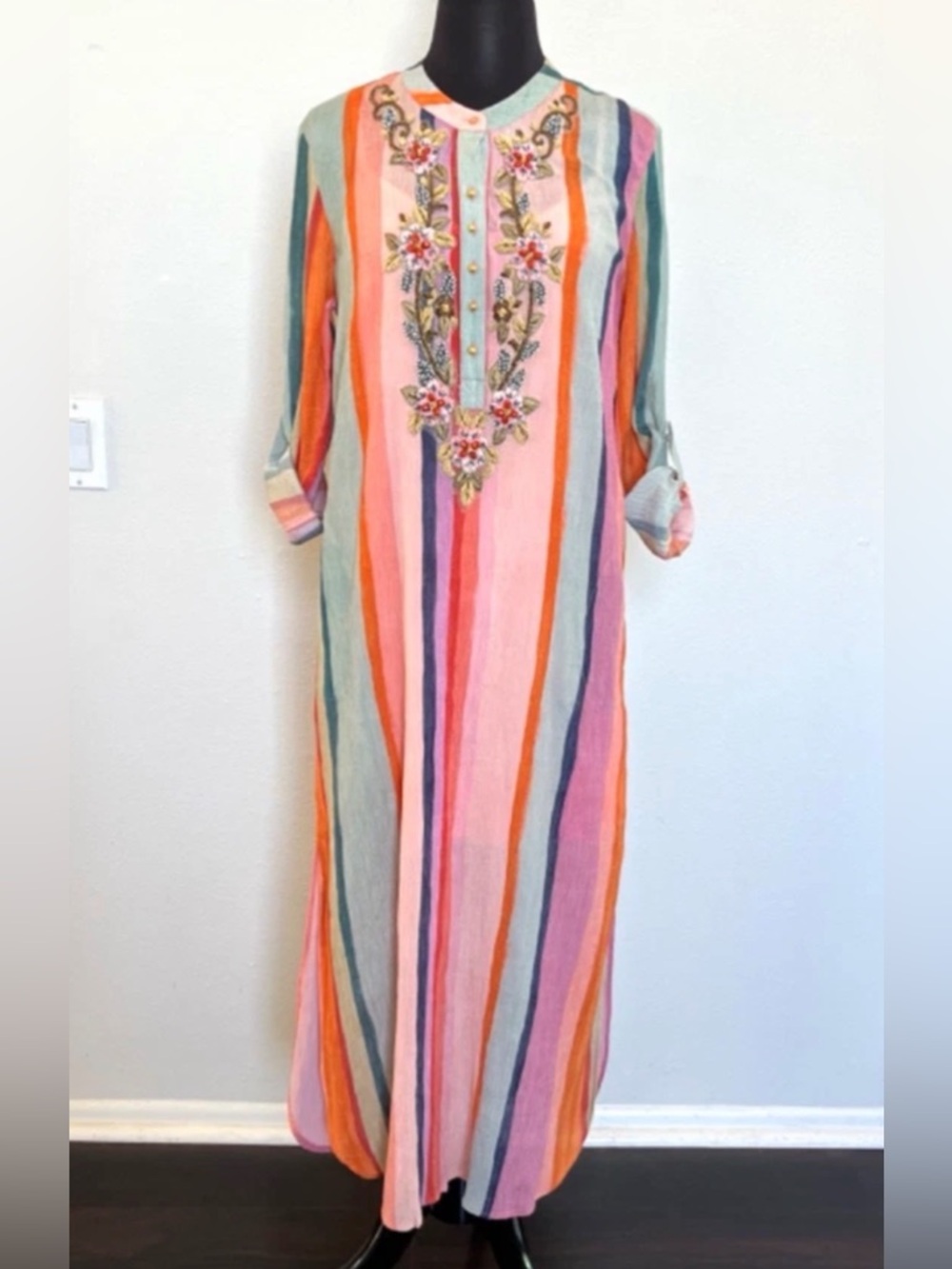 Soft Surroundings Aruba Caftan Striped Embroidered Maxi Dress Gauzy Resort Vacay - Picture 3 of 15